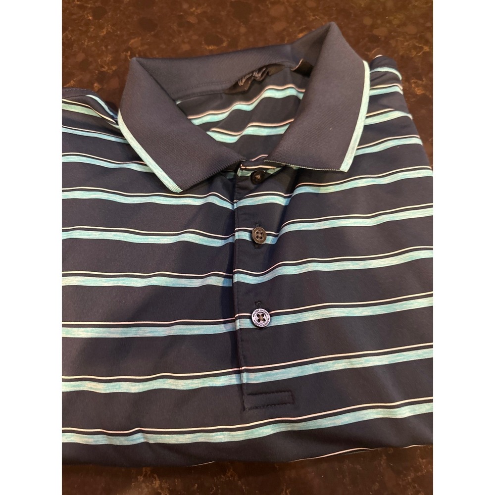 Walter Hagen Mens XXL Navy Blue Teal Striped Performance Golf Polo Shirt
